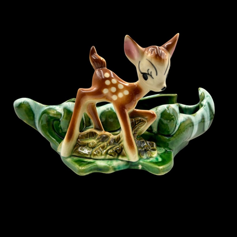 Vintage Bambi Inspired Walt Disney Drip Glaze Green Ceramic Planter MCM 1950’s